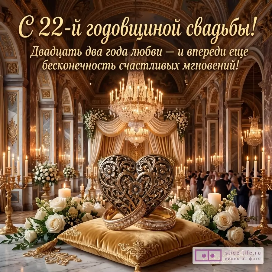 Золотисто-коричневый интерьер со свечами, люстрами, белыми розами, сердцем и кольцами; текст: «С 22-й годовщиной свадьбы! Двадцать два года любви — и впереди еще бесконечность счастливых мгновений!»