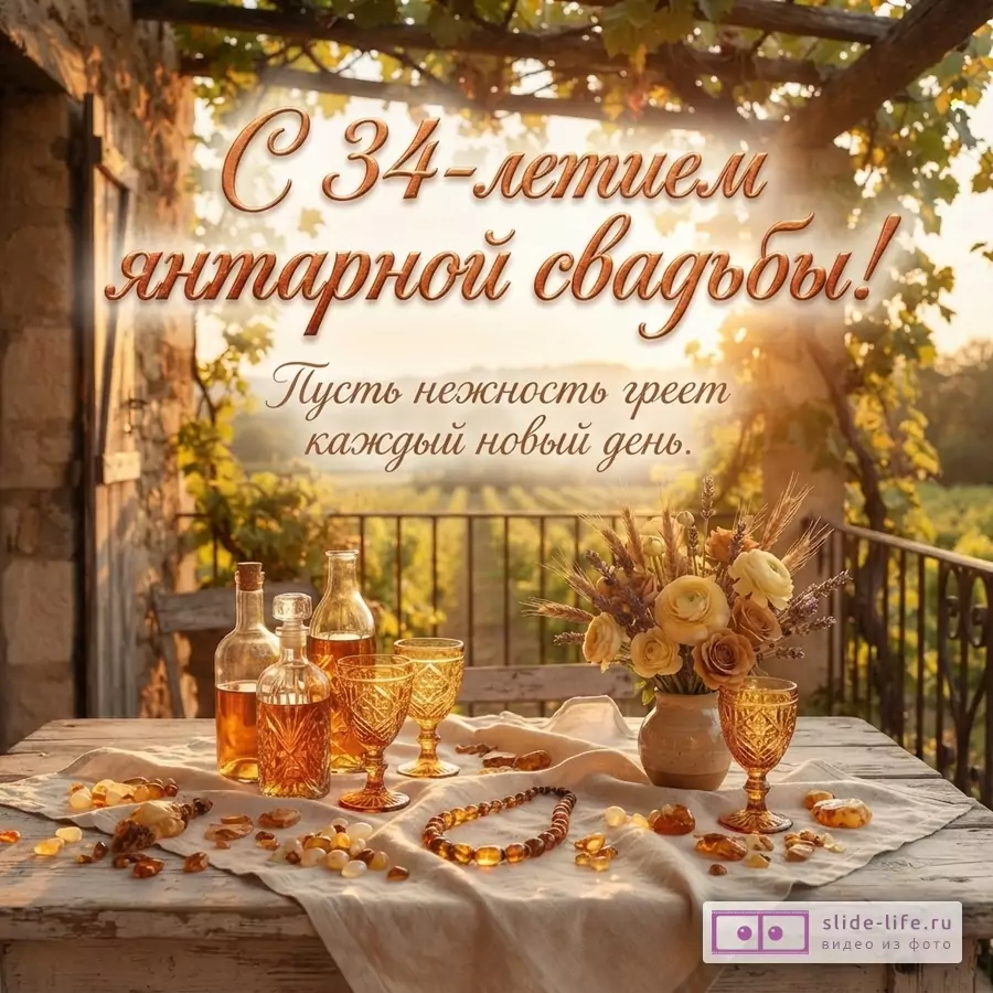 Стол с янтарными бутылками, бокалами, бусами и камнями на фоне виноградника. На картинке текст: «С 34-летием янтарной свадьбы! Пусть нежность греет каждый новый день.»