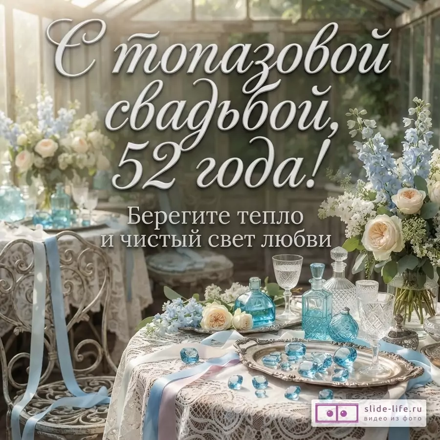 Светлая открытка с интерьером, столом с кружевной скатертью, голубыми акцентами, цветами и текстом «С топазовой свадьбой, 52 года! Берегите тепло и чистый свет любви.»