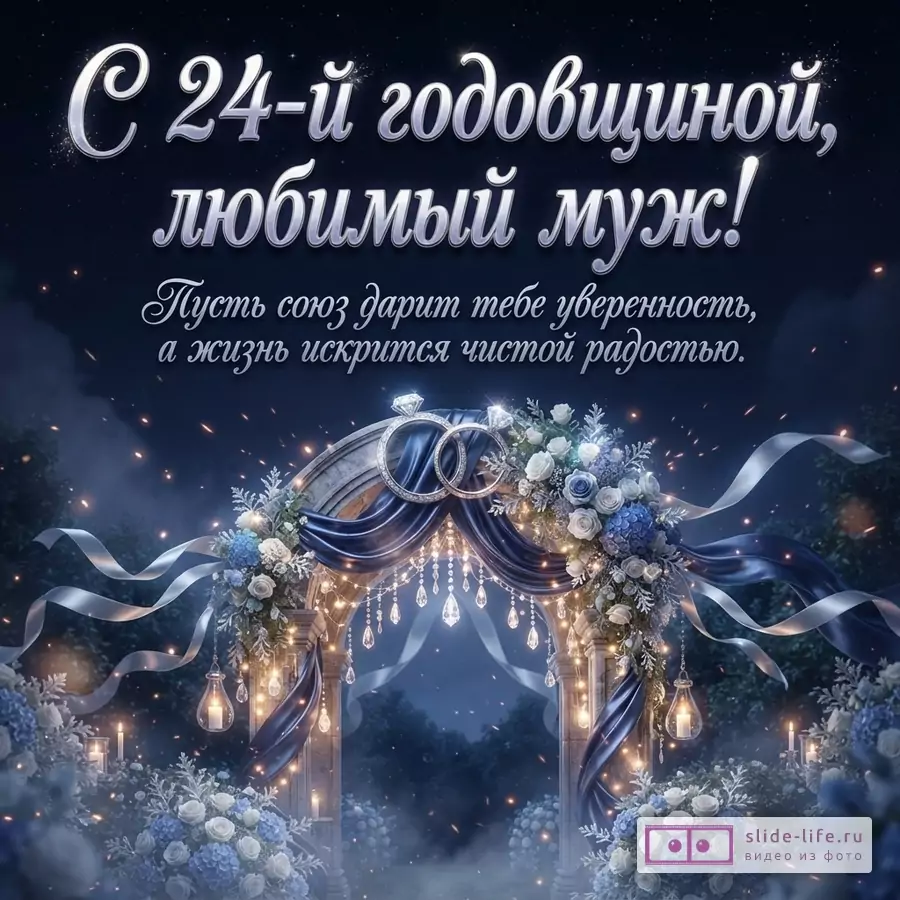 Каменная арка с синей атласной тканью, белыми цветами и свечами на фоне ночного неба с надписью «С 24-й годовщиной, любимый муж! Пусть союз дарит тебе уверенность, а жизнь искрится чистой радостью.»