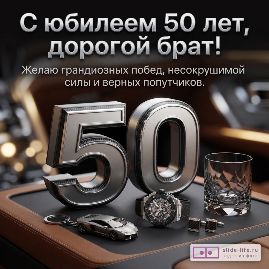 Открытка с черным фоном, сверху текст, снизу объемные цифры «50», брелок в виде серебристой машины, наручные часы, запонки и стакан. Текст: «С юбилеем 50 лет, дорогой брат! Желаю грандиозных побед, несокрушимой силы и верных попутчиков.»