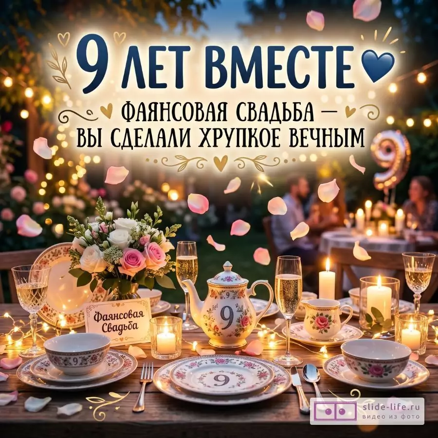 Поздравление друзьям с фаянсовой свадьбой — 9 лет совместной жизни, душевная открытка с теплыми пожеланиями