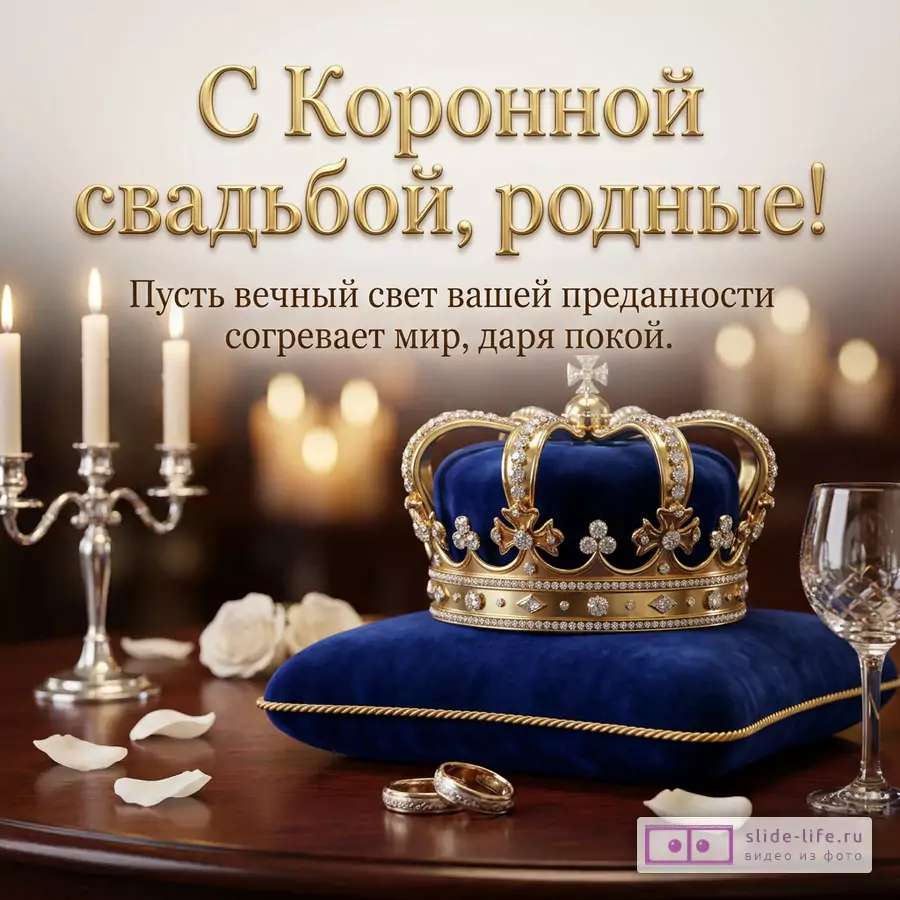 Золотая корона на синей подушке, обручальные кольца, свечи и текст «С Коронной свадьбой, родные! Пусть вечный свет вашей преданности согревает мир, даря покой.» на светлом фоне.