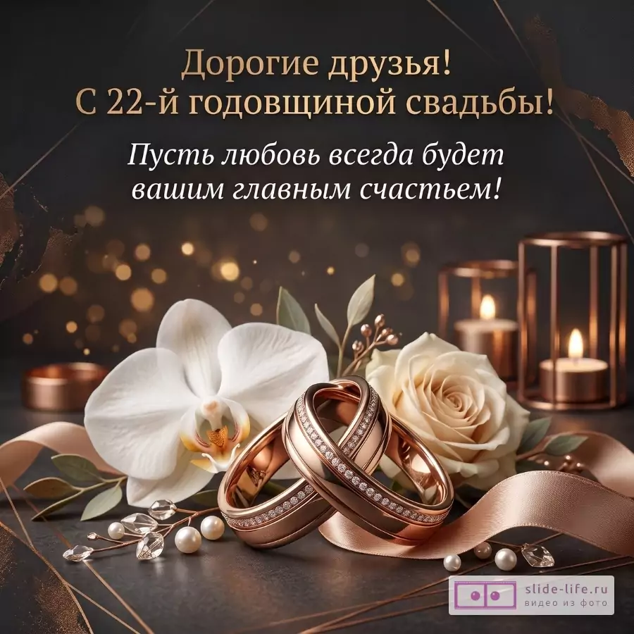Темный черно-коричневый фон с золотистыми бликами, белыми цветами, свечами и бронзовыми кольцами. Текст: «Дорогие друзья! С 22-й годовщиной свадьбы! Пусть любовь всегда будет вашим главным счастьем!»