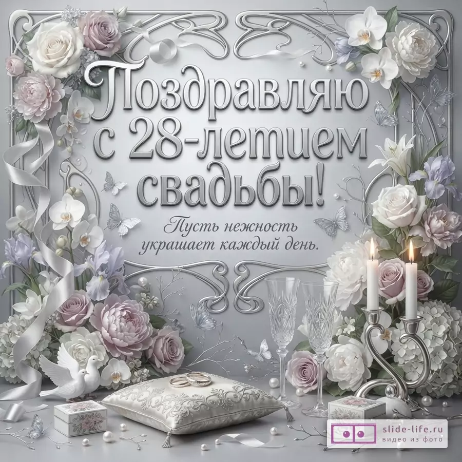 Открытка серого цвета с цветами, лентами и бабочками. В центре надпись «Поздравляю с 28-летием свадьбы! Пусть нежность украшает каждый день.».