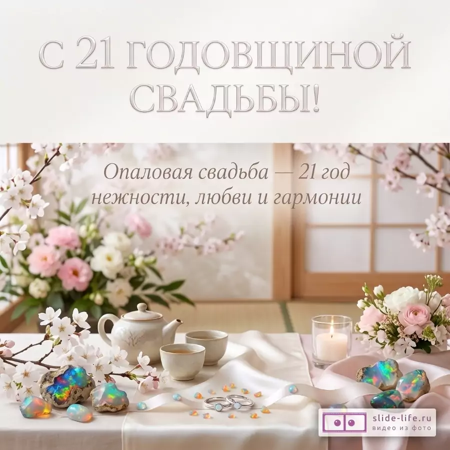 Светлый бежево-розовый фон, опаловые камни, чайный сервиз, цветы сакуры и букет, свеча. Текст: «С 21 годовщиной свадьбы!», «Опаловая свадьба — 21 год нежности, любви и гармонии».
