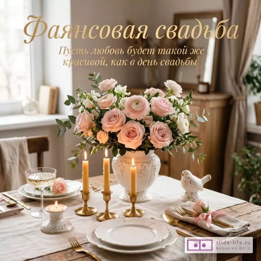 Бежево-коричневый интерьер, сервированный стол, свечи, белая ваза с розовыми цветами, фарфоровая птица, текст «Фаянсовая свадьба Пусть любовь будет такой же красивой, как в день свадьбы»