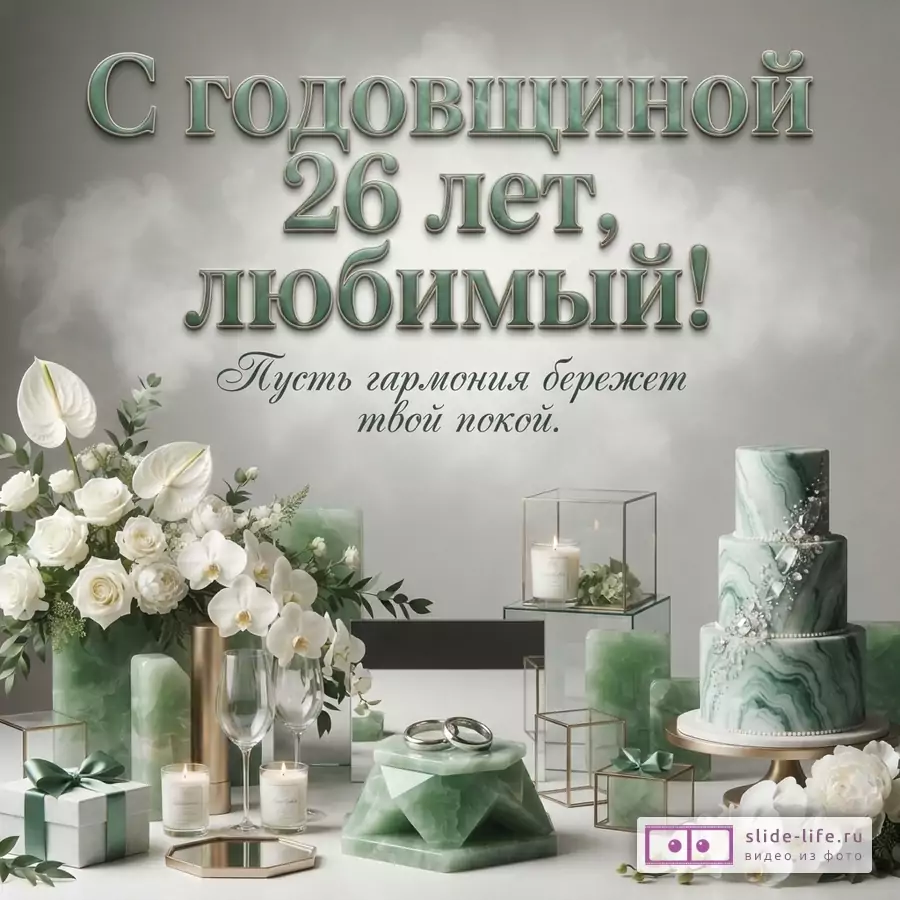 Светло-серый фон с белыми цветами, зелёными декоративными элементами, свечами и многоярусным зелёным тортом. Текст «С годовщиной 26 лет, любимый! Пусть гармония бережет твой покой.»
