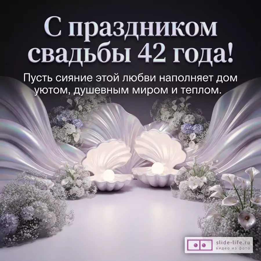 Темно-серый фон, перламутровые ракушки с жемчужинами, белые цветы. Текст: «С праздником свадьбы 42 года! Пусть сияние этой любви наполняет дом уютом, душевным миром и теплом.»