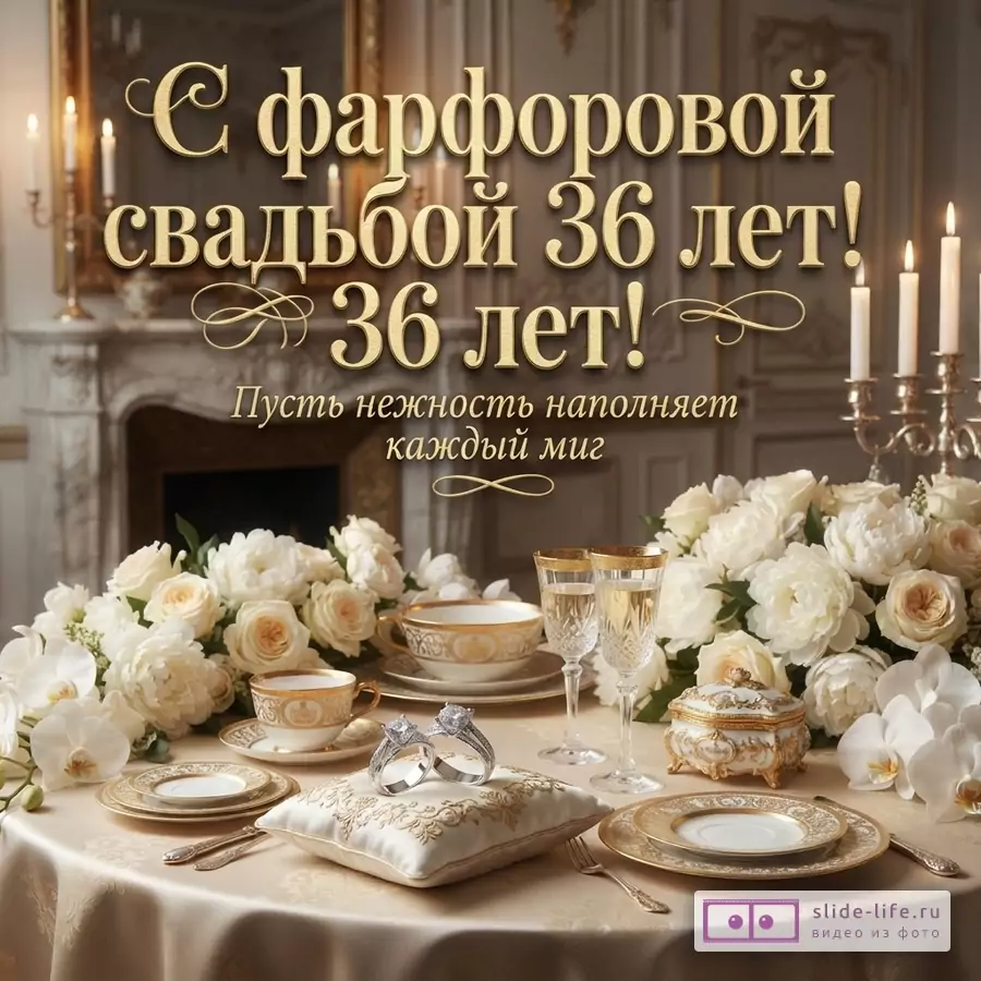 Открытка с золотым текстом «С фарфоровой свадьбой 36 лет! Пусть нежность наполняет каждый миг» на фоне праздничного стола с белыми цветами, фарфоровой посудой, бокалами и обручальными кольцами.