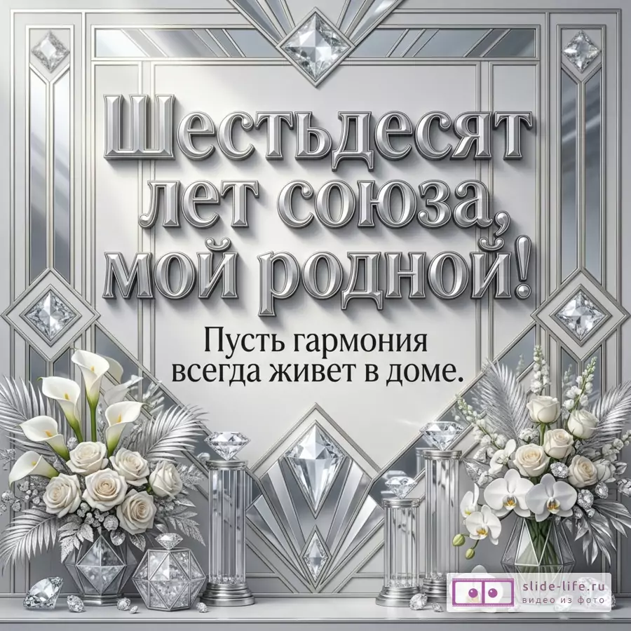 Серебристая открытка с геометрической рамкой, кристаллами, белыми каллами, розами и орхидеями, текст «Шестьдесят лет союза, мой родной! Пусть гармония всегда живет в доме.»