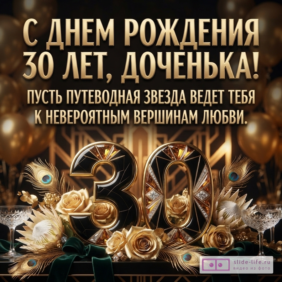 Золотисто-коричневая открытка с цветами, бокалами, перьями и крупными цифрами 30. Текст: «С ДНЕМ РОЖДЕНИЯ 30 ЛЕТ, ДОЧЕНЬКА! ПУСТЬ ПУТЕВОДНАЯ ЗВЕЗДА ВЕДЕТ ТЕБЯ К НЕВЕРОЯТНЫМ ВЕРШИНАМ ЛЮБВИ.»