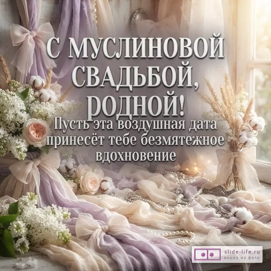 Фон светлый, бежево-сиреневый. На переднем плане драпировка из муслиновой ткани, букеты цветов, жемчуг. Текст «С МУСЛИНОВОЙ СВАДЬБОЙ, РОДНОЙ! Пусть эта воздушная дата принесёт тебе безмятежное вдохновение»