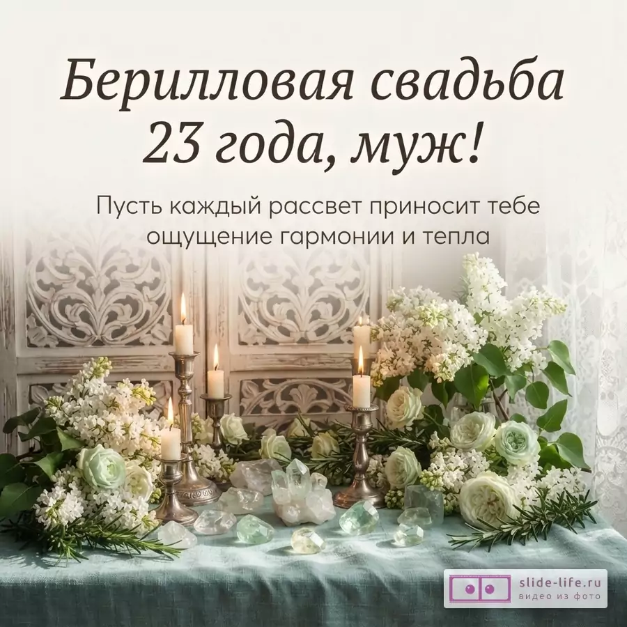 Открытка мужу на берилловую свадьбу 23 года с кристаллами берилла, горящими свечами и белыми цветами с надписью «Берилловая свадьба 23 года, муж! Пусть каждый рассвет приносит тебе ощущение гармонии и тепла».