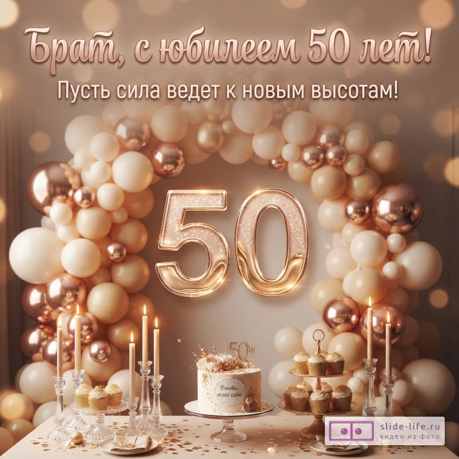 Открытка с юбилеем 50 лет брату. Фон из бежевых и золотых шаров, цифры «50» золотого цвета. Текст «Брат, с юбилеем 50 лет! Пусть сила ведет к новым высотам!»