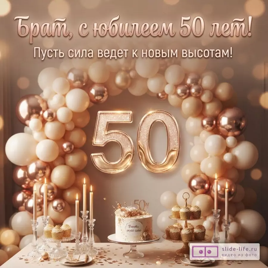 Открытка с юбилеем 50 лет брату. Фон из бежевых и золотых шаров, цифры «50» золотого цвета. Текст «Брат, с юбилеем 50 лет! Пусть сила ведет к новым высотам!»