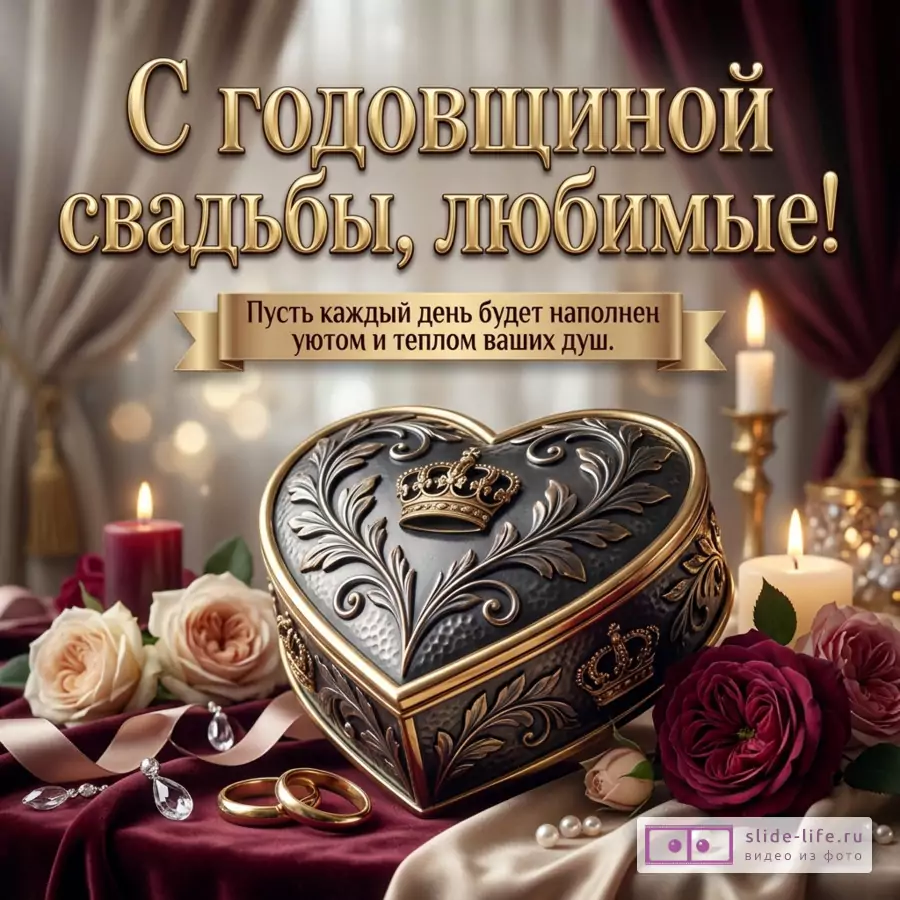 Открытка с золотым текстом «С годовщиной свадьбы, любимые! Пусть каждый день будет наполнен уютом и теплом ваших душ.», шкатулка в форме сердца, свечи, розы, кольца, бордовый и бежевый фон