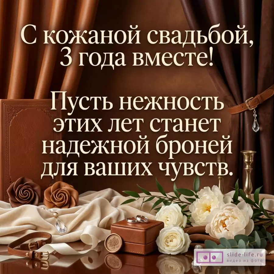 Коричнево-бежевый фон, кожаная обложка, цветы, кольца, свечи, ремни. Текст «С кожаной свадьбой, 3 года вместе! Пусть нежность этих лет станет надежной броней для ваших чувств.»