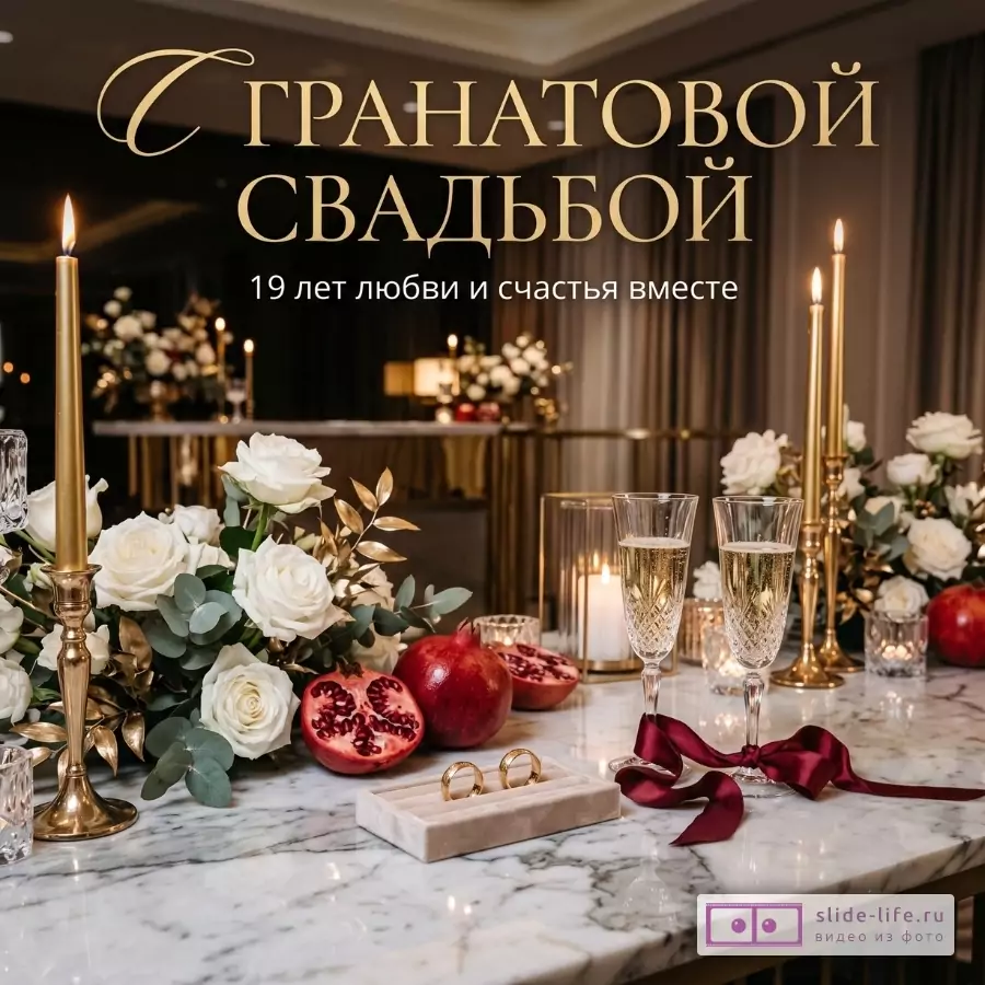 Темный бежево-коричневый фон, мраморный стол с белыми розами, гранатами, золотыми свечами, двумя бокалами, кольцами и бордовой лентой, текст «С ГРАНАТОВОЙ СВАДЬБОЙ 19 лет любви и счастья вместе»