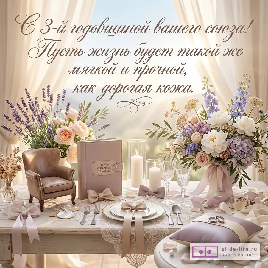 Бежевый фон, лаванда и розы, кожаное кресло, книга, свечи, бокалы, подушки с кольцами. Текст «С 3-й годовщиной вашего союза! Пусть жизнь будет такой же мягкой и прочной, как дорогая кожа.»