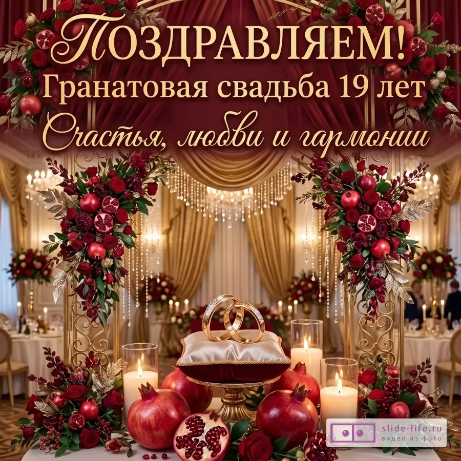 Бордово-золотой фон с драпировками, цветочными композициями, гранатами, свечами и обручальными кольцами. Текст: «Поздравляем! Гранатовая свадьба 19 лет Счастья, любви и гармонии»