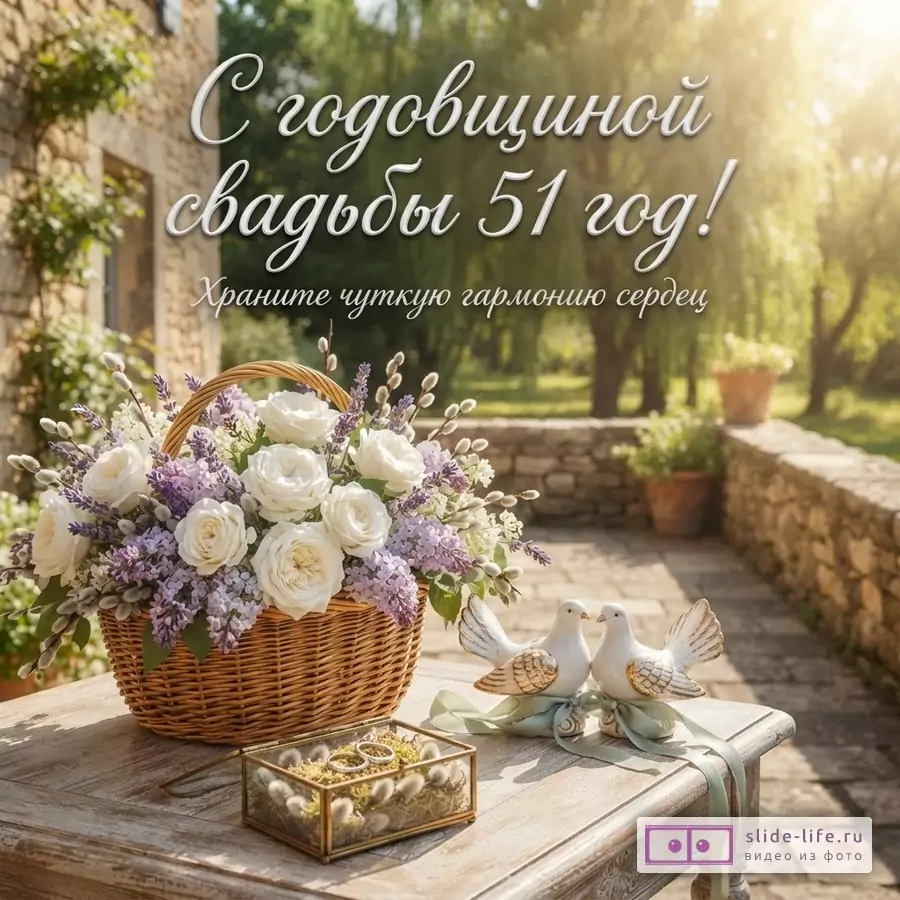 Корзина с белыми розами и сиреневыми цветами, стеклянная шкатулка с кольцами, две белые фигурки голубей на деревянном столе. Фон: каменная стена, зелень, солнечный свет. Текст: «С годовщиной свадьбы 51 год! Храните чуткую гармонию сердец»