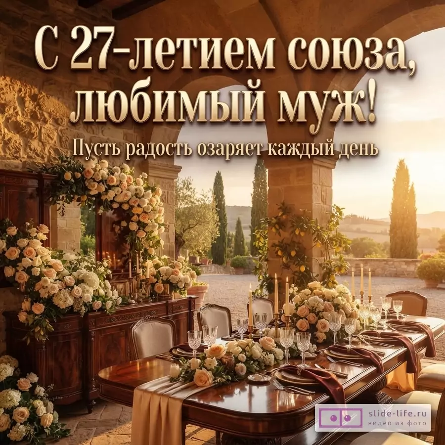 Открытка с золотым текстом на фоне террасы с сервированным столом и цветами. Текст: «С 27-летием союза, любимый муж! Пусть радость озаряет каждый день»