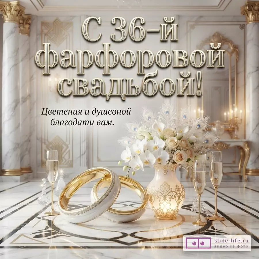 Фон светлый, мраморный, с золотыми элементами. В центре два золотых обручальных кольца, ваза с белыми цветами и два бокала шампанского. Текст «С 36-й фарфоровой свадьбой! Цветения и душевной благодати вам.»