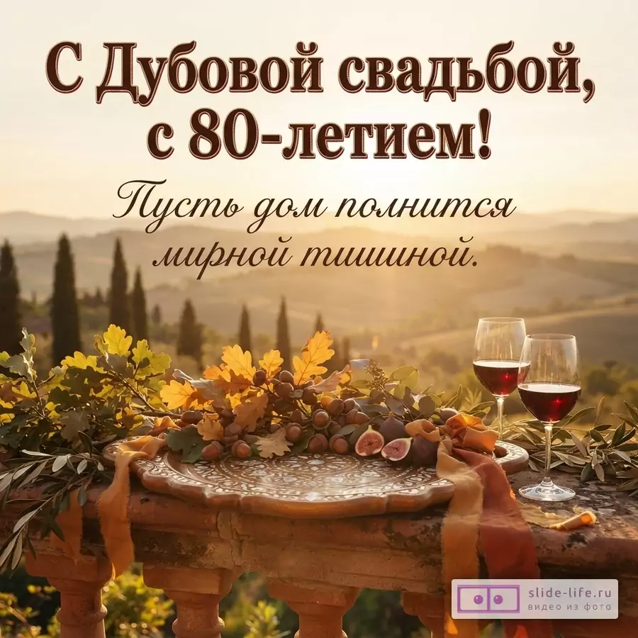 Открытка с текстом «С Дубовой свадьбой, с 80-летием! Пусть дом полнится мирной тишиной». Осенний пейзаж, дубовые листья, жёлуди, сервированный стол и два бокала вина.