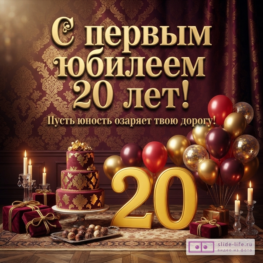 Золотые буквы «С первым юбилеем 20 лет!» и «Пусть юность озаряет твою дорогу!» на бордовом фоне с золотым узором. Внизу торт, подарки, свечи, шары и золотые цифры «20».