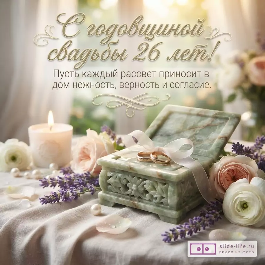 Светлый фон, текст «С годовщиной свадьбы 26 лет! Пусть каждый рассвет приносит в дом нежность, верность и согласие», свеча, цветы, нефритовая шкатулка с кольцами.