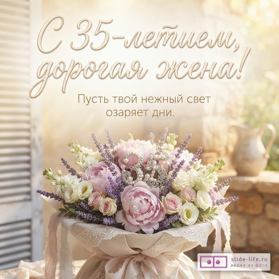 Кремовый фон, букет цветов с пионами, розами, лавандой, цифры «35» из жемчуга. Текст: «С 35-летием, дорогая жена! Пусть твой нежный свет озаряет дни.»