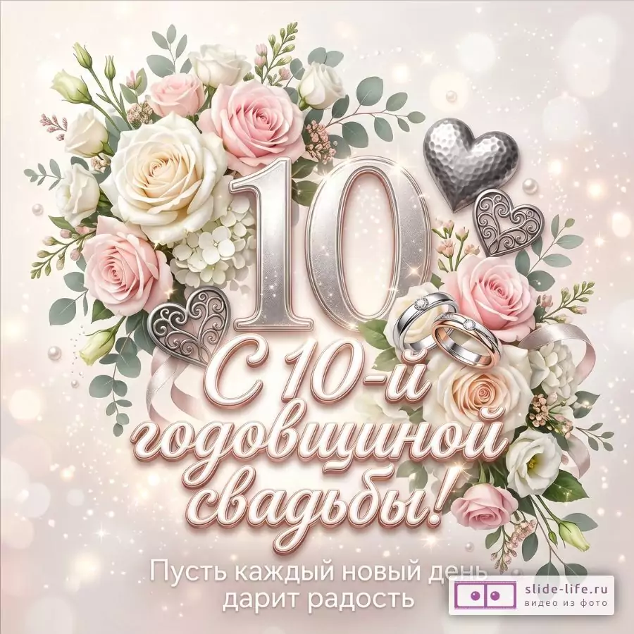 Светло-бежевый фон с сиянием, розовыми и белыми розами, серебристыми сердцами, кольцами и цифрой 10. Текст: «С 10-й годовщиной свадьбы! Пусть каждый новый день дарит радость»