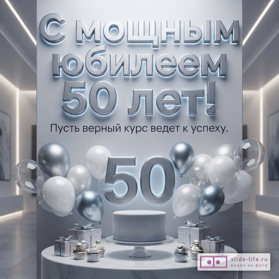 Светло-серая стена с объемными серебристыми буквами «С мощным юбилеем 50 лет!» и текстом «Пусть верный курс ведет к успеху.». Внизу на столе торт, кексы, подарки, шары и большие цифры «50».
