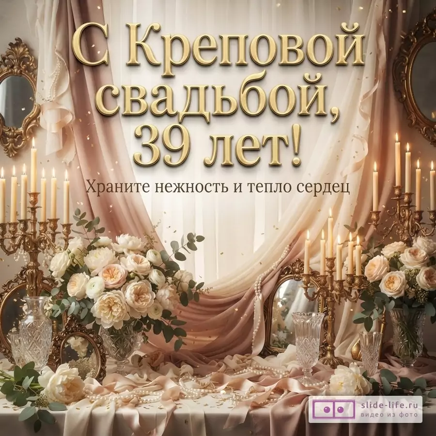 Фон бежевый, золотые буквы. Текст: «С Креповой свадьбой, 39 лет! Храните нежность и тепло сердец».