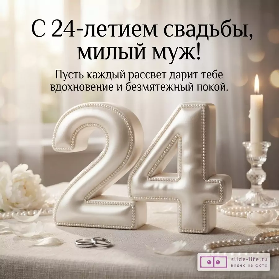 Объемная атласная цифра 24 с жемчужной окантовкой, обручальные кольца, свеча и надпись «С 24-летием свадьбы, милый муж! Пусть каждый рассвет дарит тебе вдохновение и безмятежный покой».