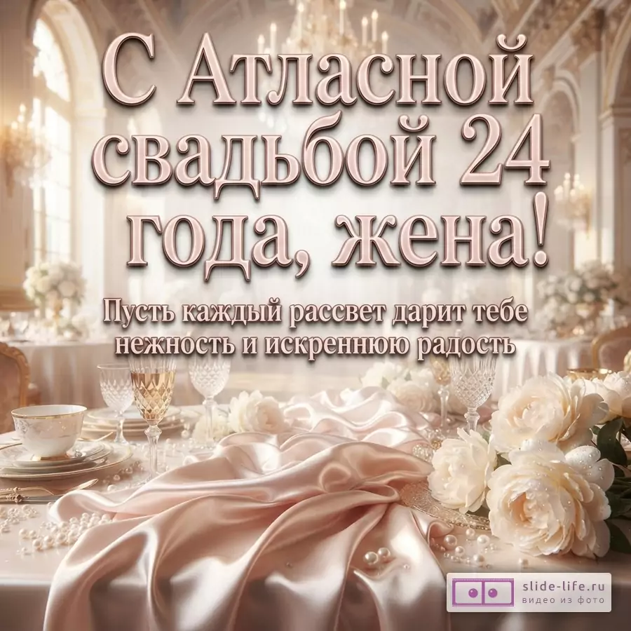 Розовый атлас, белые розы, жемчуг и бокалы в светлом зале с надписью «С Атласной свадьбой 24 года, жена! Пусть каждый рассвет дарит тебе нежность и искреннюю радость».