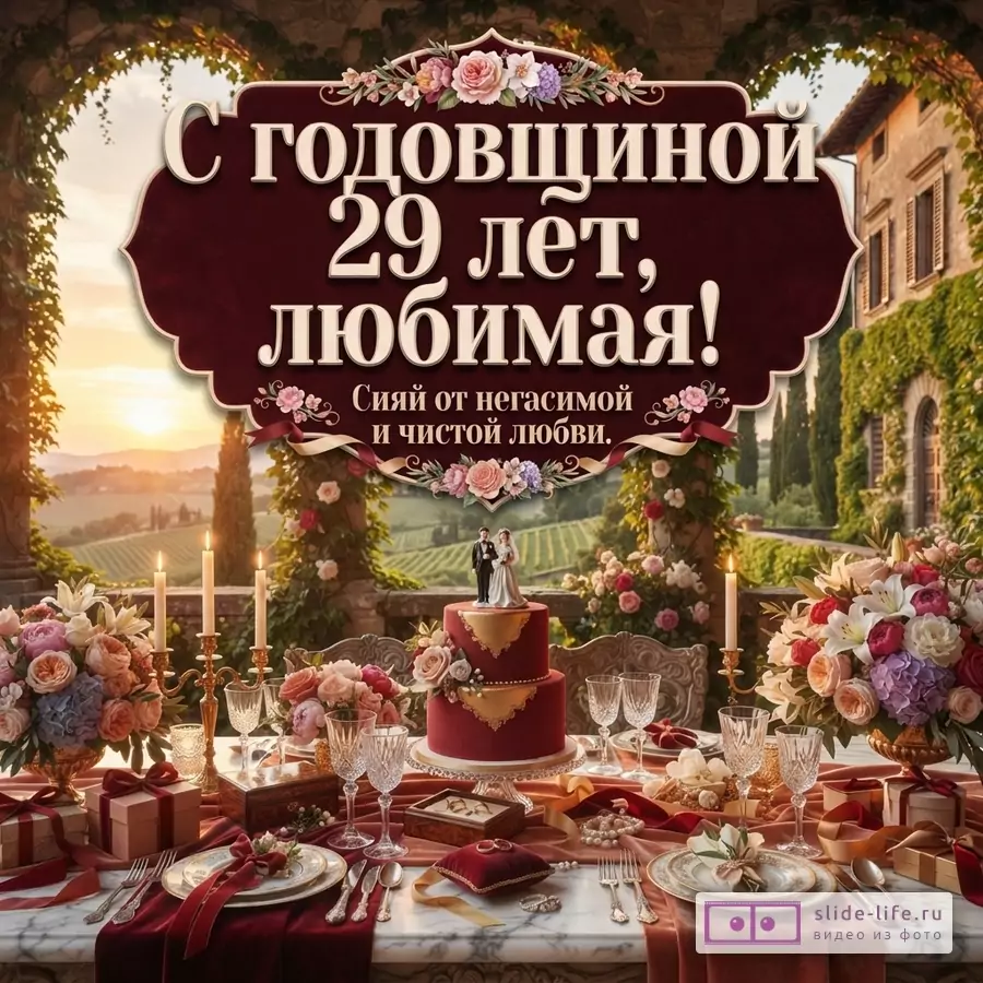 Фон с пейзажем Тосканы, на переднем плане праздничный стол с красной скатертью, цветами, свечами, тортом и фигурками жениха и невесты. В центре открытки бордовая рамка с текстом «С годовщиной 29 лет, любимая! Сияй от негасимой и чистой любви.»