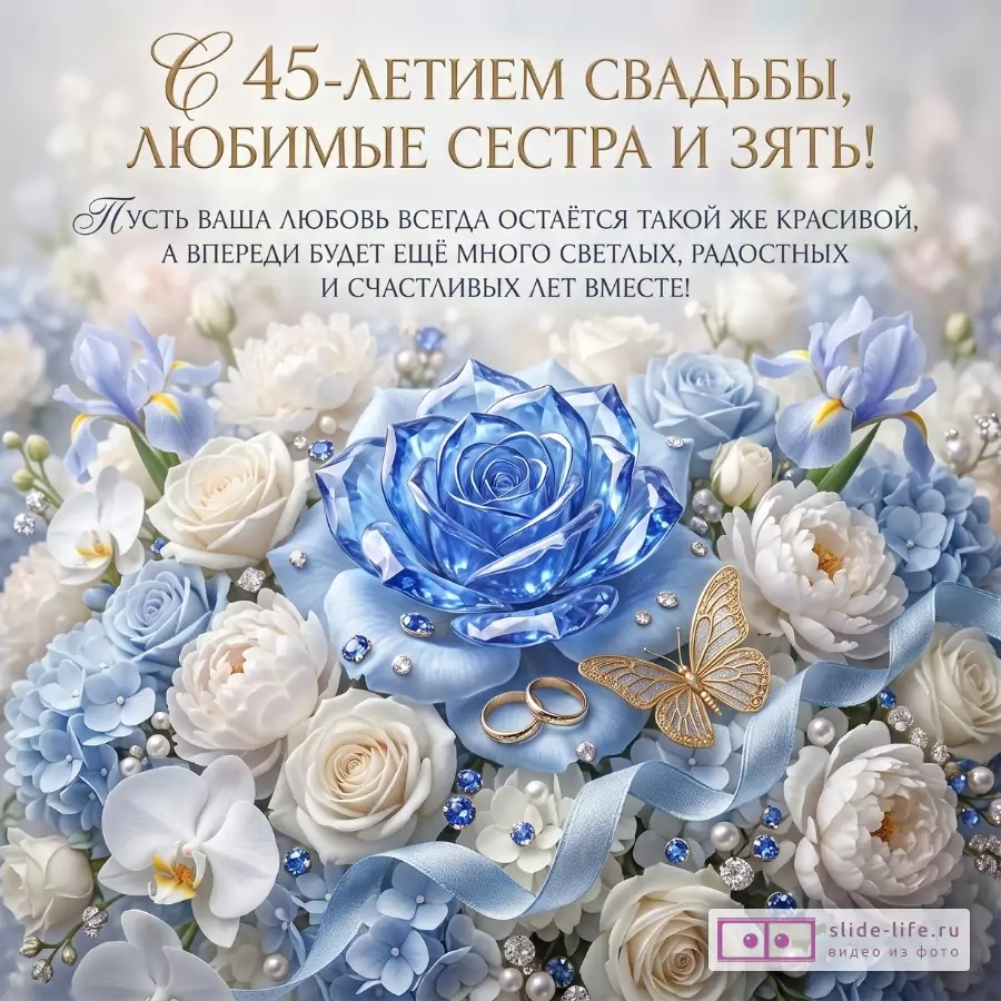 Серо-голубой цветочный фон, синяя роза, белые и голубые цветы, лента, бабочка и кольца; текст «С 45-ЛЕТИЕМ СВАДЬБЫ, ЛЮБИМЫЕ СЕСТРА И ЗЯТЬ!»