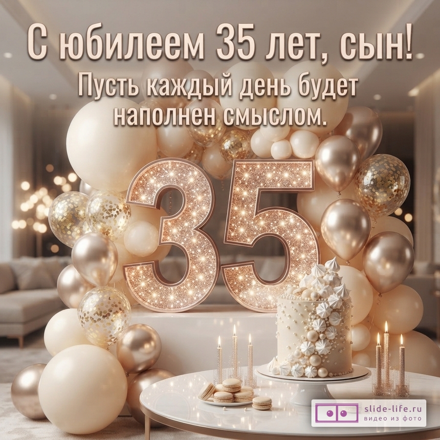 Объемная сверкающая цифра 35 в окружении бежевых и золотистых шаров, праздничный торт со свечами и текст «С юбилеем 35 лет, сын! Пусть каждый день будет наполнен смыслом.»