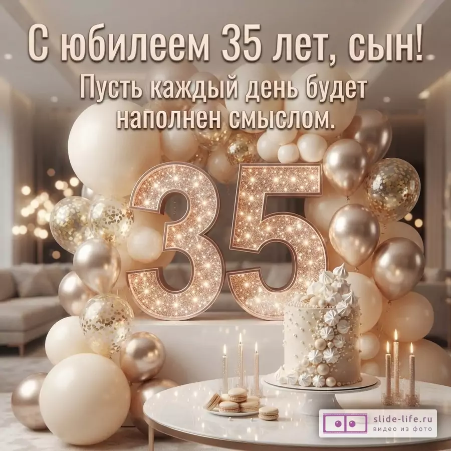 Объемная сверкающая цифра 35 в окружении бежевых и золотистых шаров, праздничный торт со свечами и текст «С юбилеем 35 лет, сын! Пусть каждый день будет наполнен смыслом.»