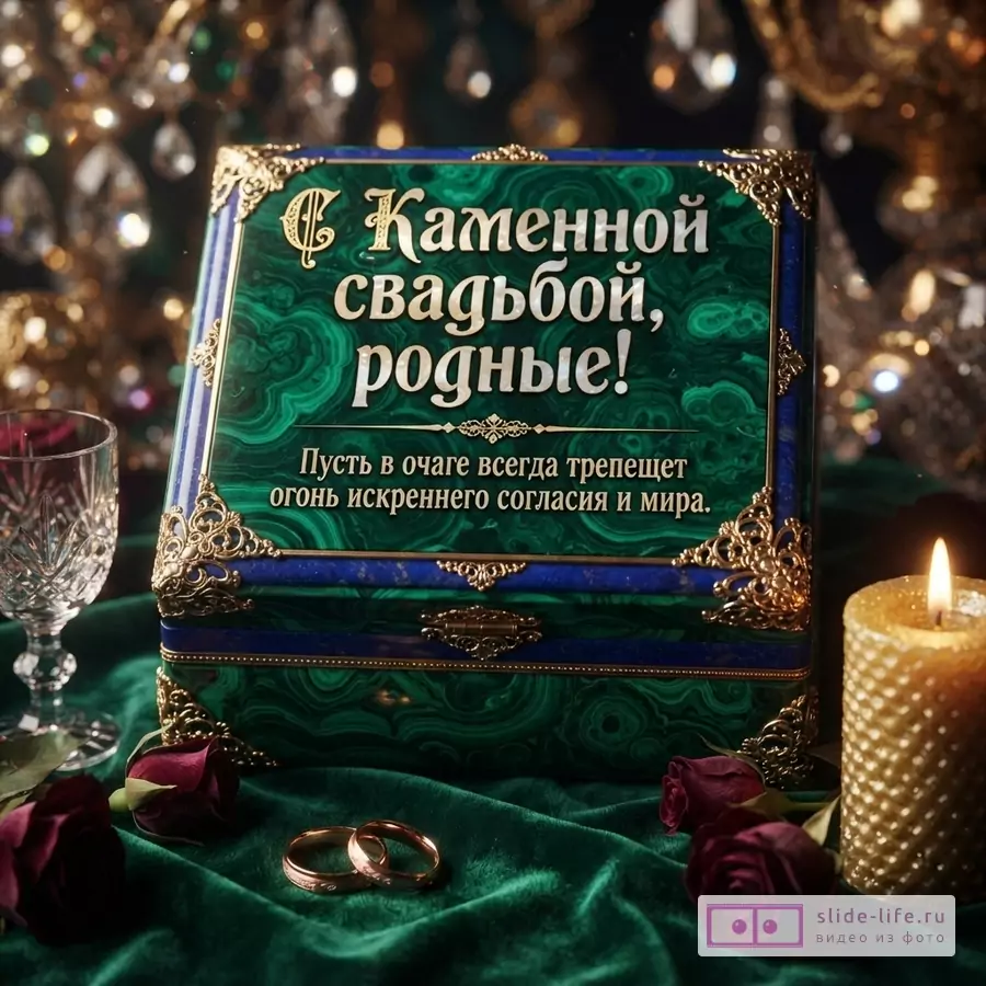 Шкатулка малахитового цвета с золотыми узорами, на ней текст «С Каменной свадьбой, родные! Пусть в очаге всегда трепещет огонь искреннего согласия и мира.». Рядом бокал, две красные розы, два золотых кольца и горящая свеча.