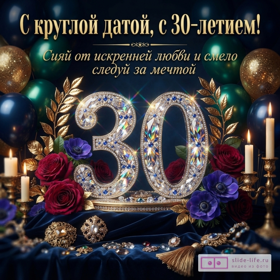 Инкрустированная кристаллами цифра 30 с цветами, свечами и шарами на темном фоне с надписью «С круглой датой, с 30-летием! Сияй от искренней любви и смело следуй за мечтой».