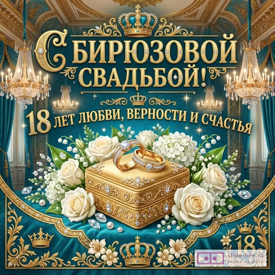 Тёмно-бирюзовый фон, золотой декор, короны, обручальные кольца, белые розы и букет. Текст: «С БИРЮЗОВОЙ СВАДЬБОЙ!» и «18 ЛЕТ ЛЮБВИ, ВЕРНОСТИ И СЧАСТЬЯ»