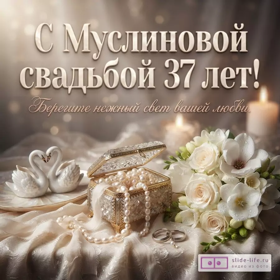 Открытка с бежевым фоном, надписью «С Муслиновой свадьбой 37 лет!» и «Берегите нежный свет вашей любви.», шкатулкой с жемчугом, двумя лебедями, обручальными кольцами и букетом белых цветов.