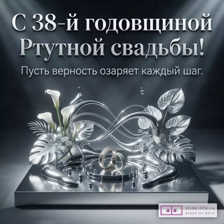 Темно-серый фон, серебристые элементы декора, белые каллы, два обручальных кольца. Текст: «С 38-й годовщиной Ртутной свадьбы! Пусть верность озаряет каждый шаг.»