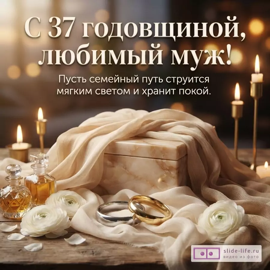 Фон с размытыми огоньками, мраморная шкатулка, бежевая ткань, две бутылочки с жидкостью, белые цветы, два кольца (золотое и серебряное), свечи. Текст: «С 37 годовщиной, любимый муж! Пусть семейный путь струится мягким светом и хранит покой.»
