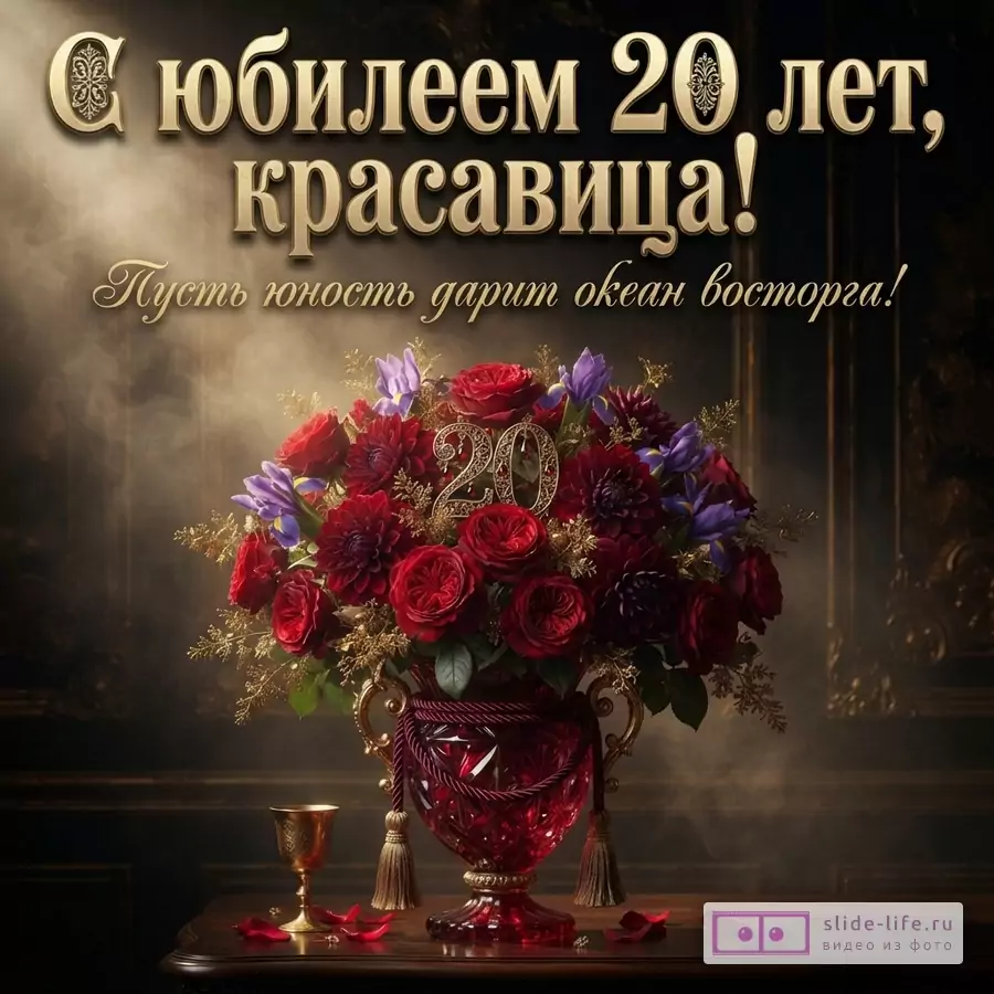 Пышный букет красных роз и фиолетовых ирисов в рубиновой вазе с золотыми цифрами 20 и надписью «С юбилеем 20 лет, красавица! Пусть юность дарит океан восторга!».