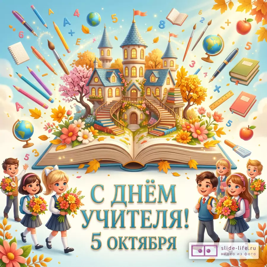 С Днём учителя 5 октября! Яркая открытка для любимого учителя