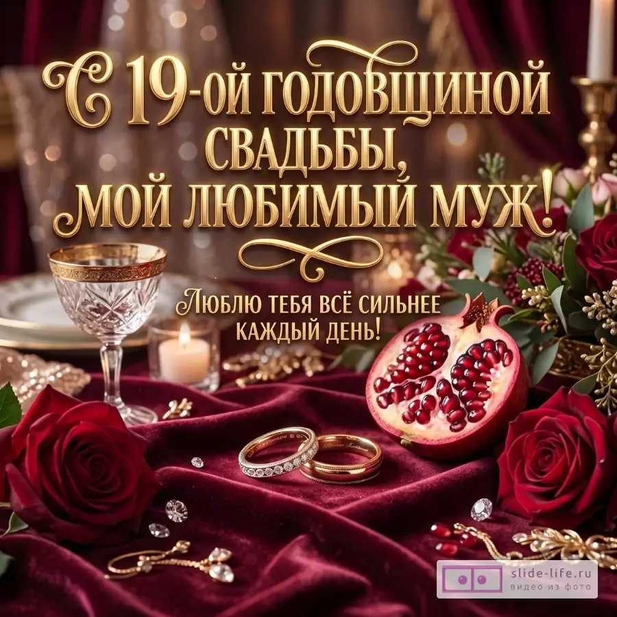 Бордово-золотой фон, розы, свечи, бокал, гранат, обручальные кольца и украшения. Текст: «С 19-ой годовщиной свадьбы, мой любимый муж! Люблю тебя всё сильнее каждый день!»